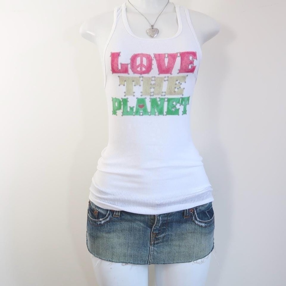 y2k love the planet graphic ribbed tank rhinestone style